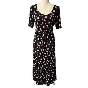 Isabel Maternity Short Sleeve Mid Calf Midi Dress Black Pink Floral Womens S
